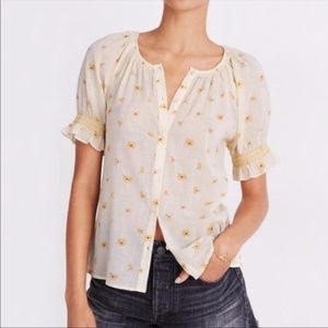 Madewell Daisy Print Yellow Gauzy Button Front Blouse, size SM